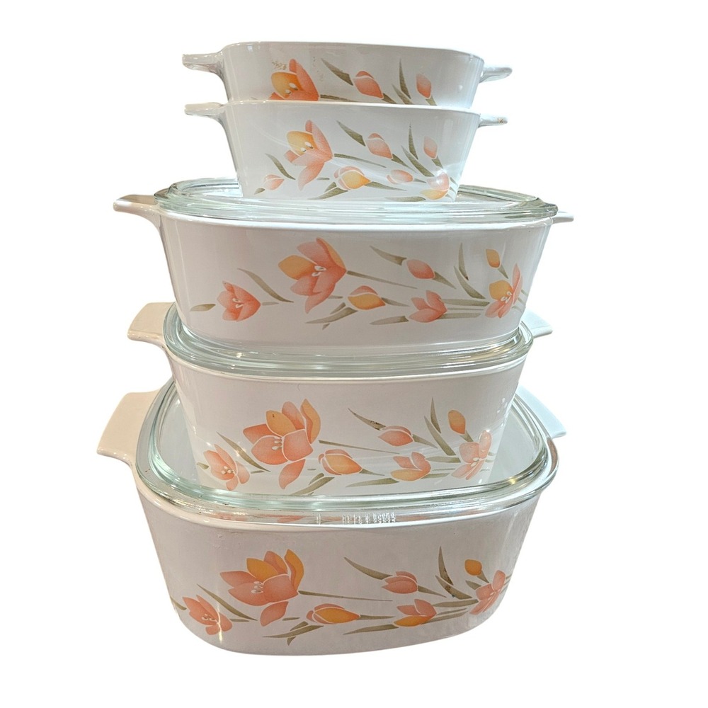Vintage Corning Ware Apricot Casserole Set 5 Dishes 3 Lids A-3-B‎ A-2-B P-43-B